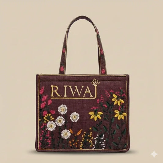The Heritage Collection: Maroon "Riwaj" & "Sookhri" Embroidered Jute-Style Tote Bags