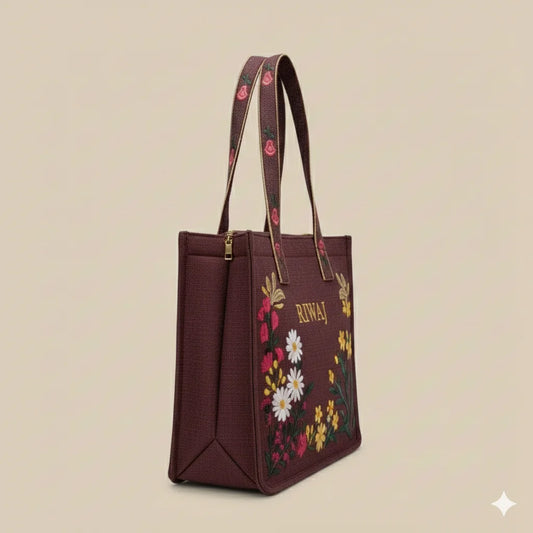 The Heritage Collection: Maroon "Riwaj" & "Sookhri" Embroidered Jute-Style Tote Bags