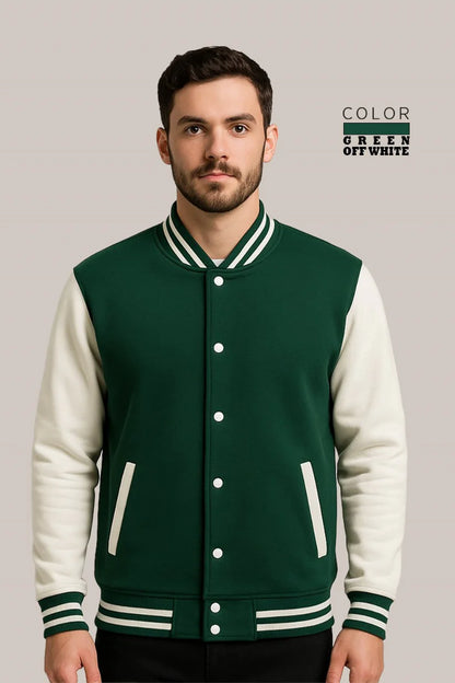 Baseball Jacket – Green & Off-White, Bold Contrast with Fresh Style