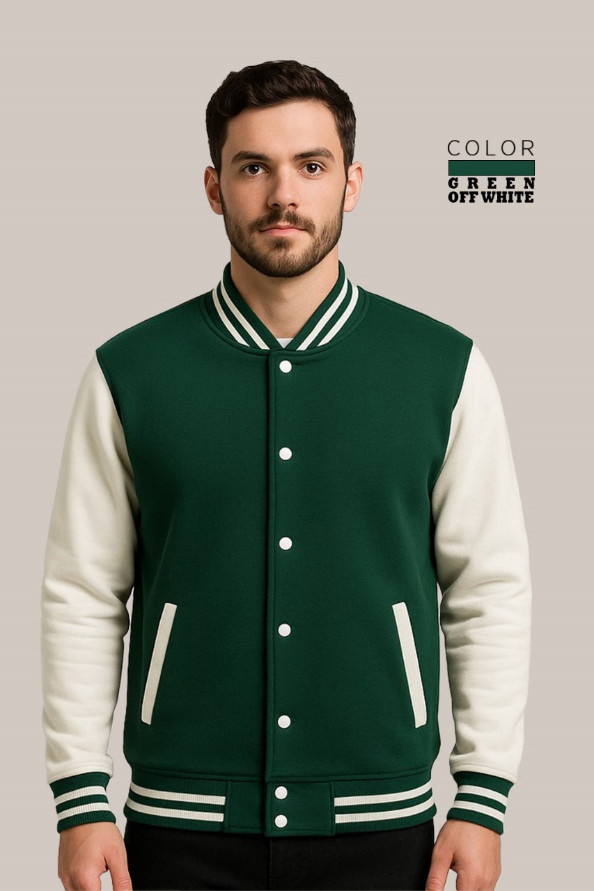 Baseball Jacket – Green & Off-White, Bold Contrast with Fresh Style