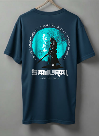 Samurai Oversized T-Shirt – Olive Green, White & Blue
