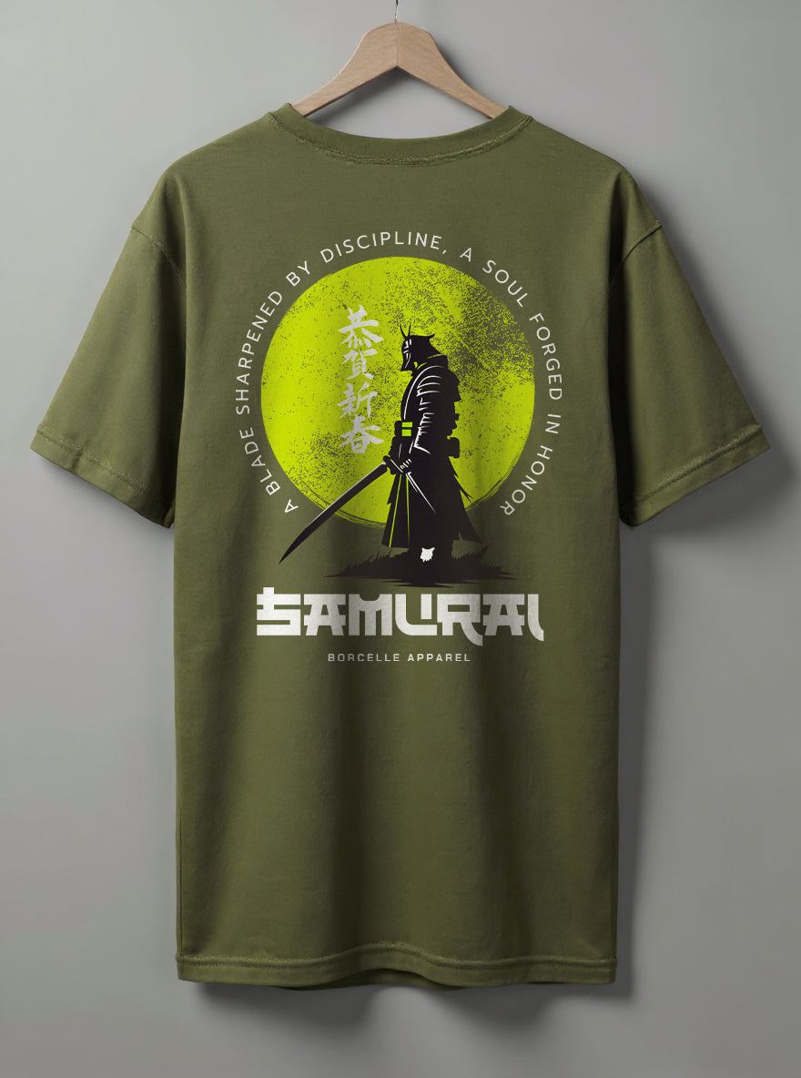 Samurai Oversized T-Shirt – Olive Green, White & Blue