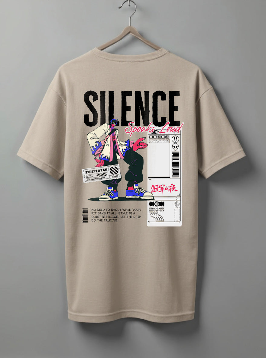 Silence Oversized T-Shirt – White, Olive Green & Beige