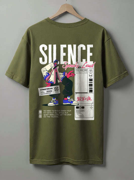 Silence Oversized T-Shirt – White, Olive Green & Beige