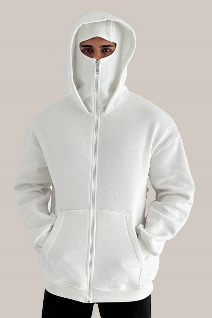 White Tech Fleece Hoodie with Built-In Mask