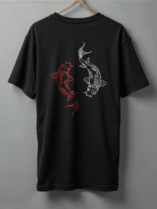 Yin Yang Koi Oversized T-Shirt – White, Black, Olive Green & Blue