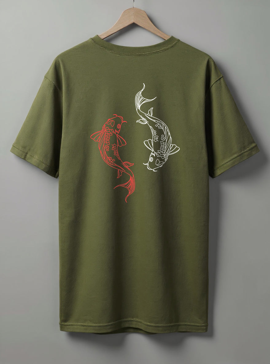 Yin Yang Koi Oversized T-Shirt – White, Black, Olive Green & Blue