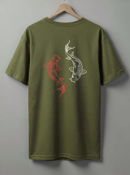 Yin Yang Koi Oversized T-Shirt – White, Black, Olive Green & Blue