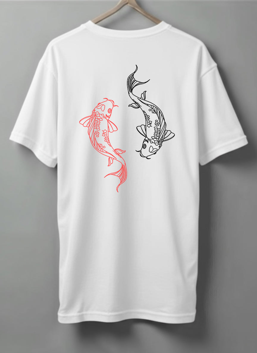 Yin Yang Koi Oversized T-Shirt – White, Black, Olive Green & Blue