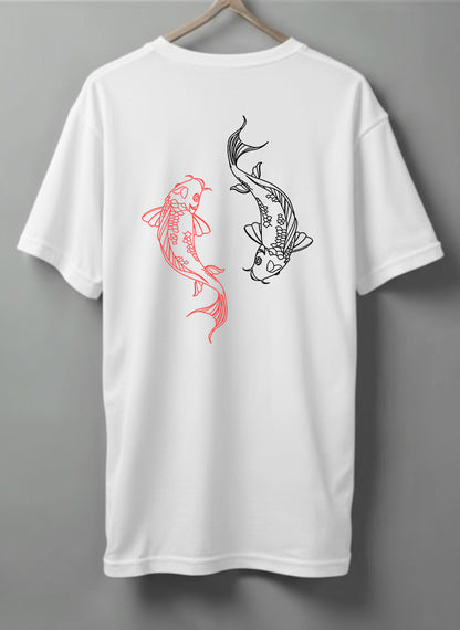 Yin Yang Koi Oversized T-Shirt – White, Black, Olive Green & Blue