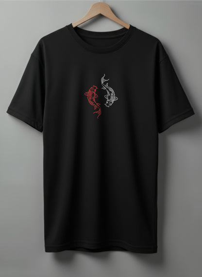 Yin Yang Koi Oversized T-Shirt – White, Black, Olive Green & Blue