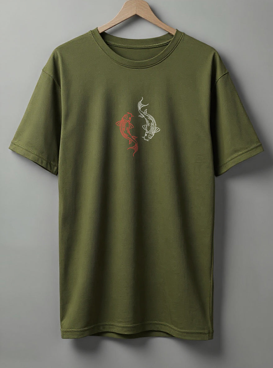 Yin Yang Koi Oversized T-Shirt – White, Black, Olive Green & Blue