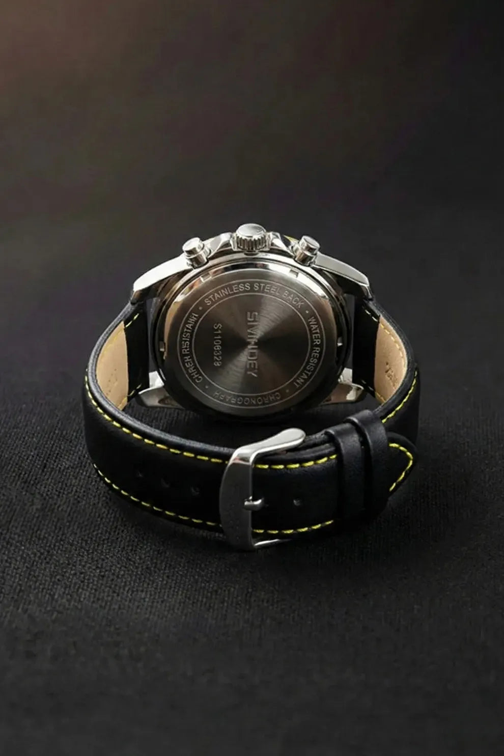 Men’s Chronograph Watch with Black Dial, Yellow Accents & Black Leather Strap