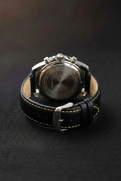Men’s Chronograph Watch with Black Dial, Yellow Accents & Black Leather Strap
