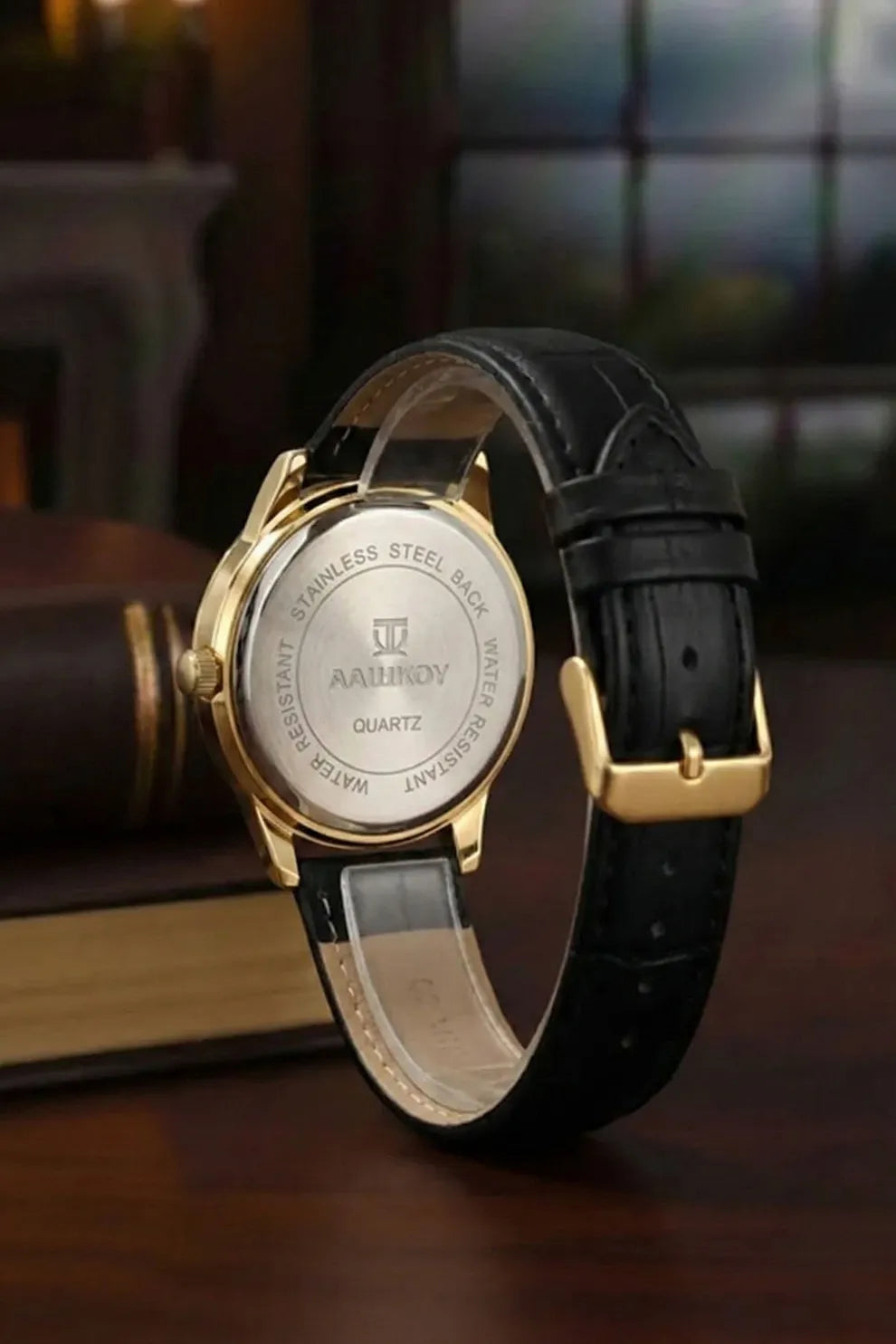 Men’s Classic Watch with White Dial, Gold Bezel & Black Leather Strap