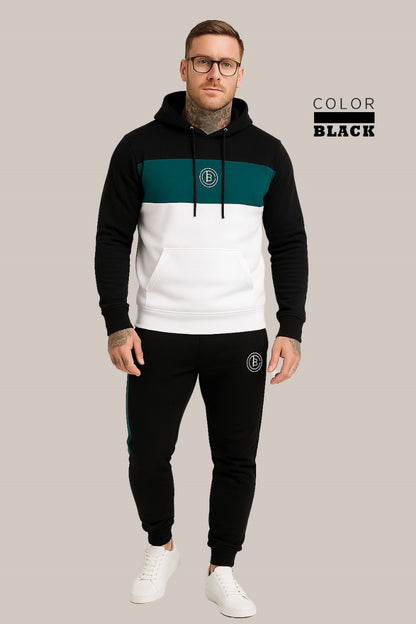 Men’s Black, Sea Green & White Color Tracksuit | Casual Slim Fit Sweat Outfit
