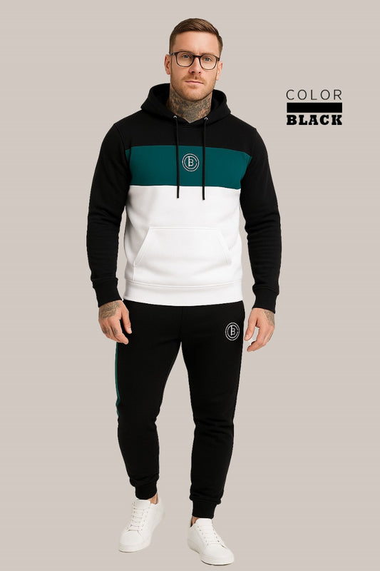 Men’s Black, Sea Green & White Color Tracksuit | Casual Slim Fit Sweat Outfit
