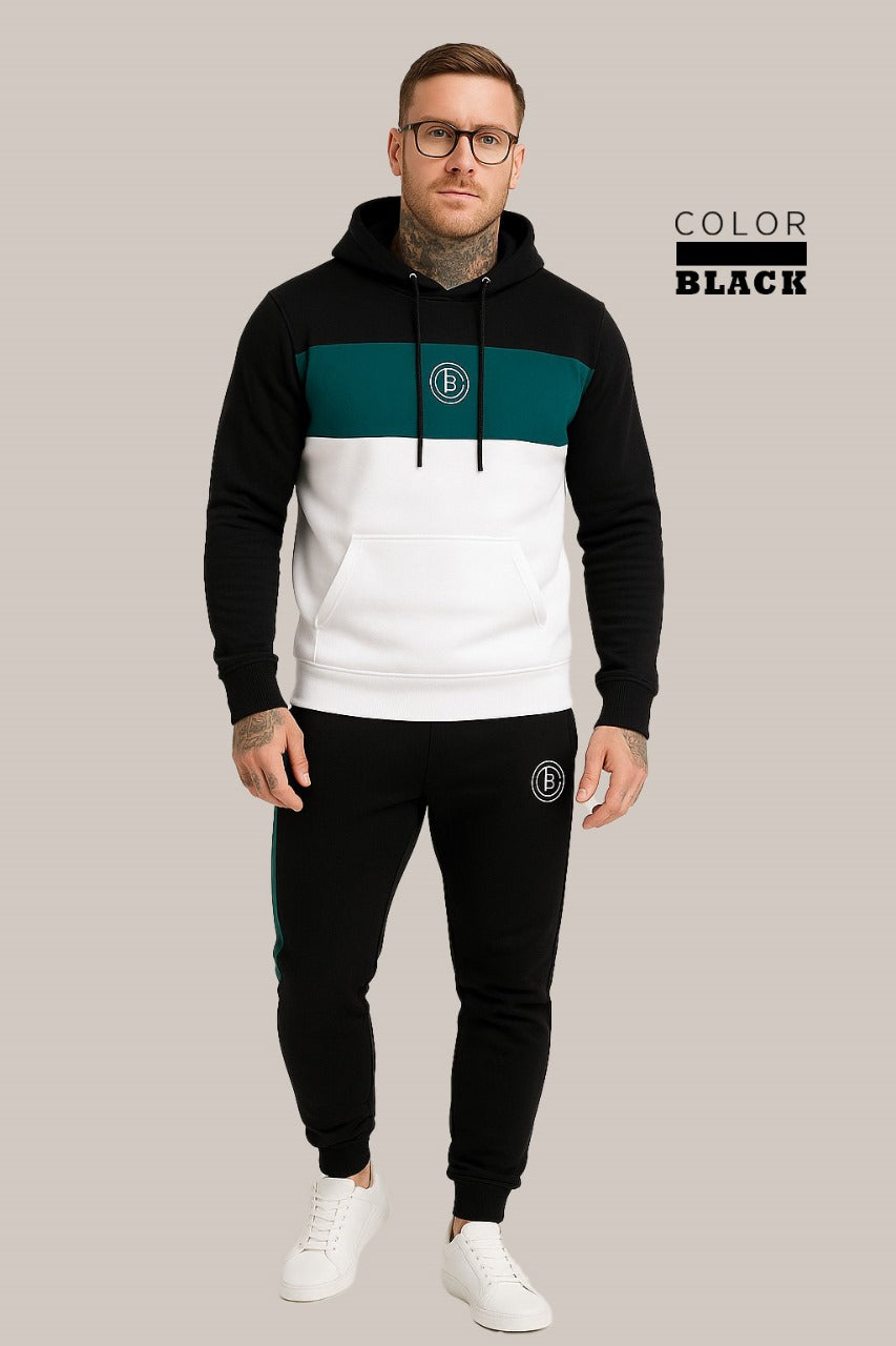 Men’s Black, Sea Green & White Color Tracksuit | Casual Slim Fit Sweat Outfit