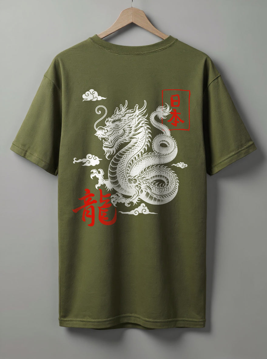 Dragon Graphic Oversized T-Shirt – White, Beige & Olive Green