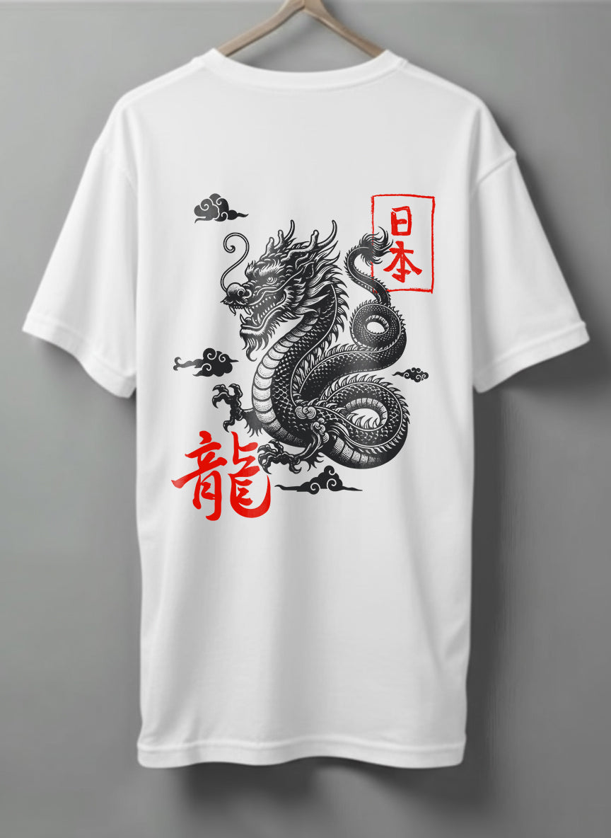 Dragon Graphic Oversized T-Shirt – White, Beige & Olive Green