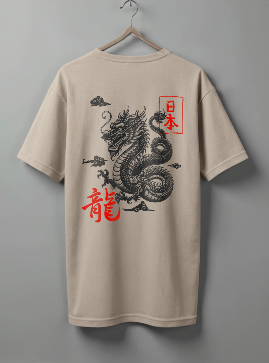 Dragon Graphic Oversized T-Shirt – White, Beige & Olive Green
