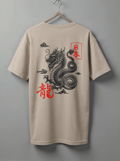 Dragon Graphic Oversized T-Shirt – White, Beige & Olive Green