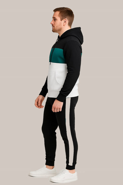 Men’s Black, Sea Green & White Color Tracksuit | Casual Slim Fit Sweat Outfit