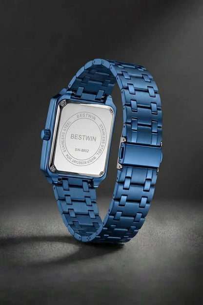 Men’s Square Dial Stainless Steel Watch – Blue Dial Roman Numerals