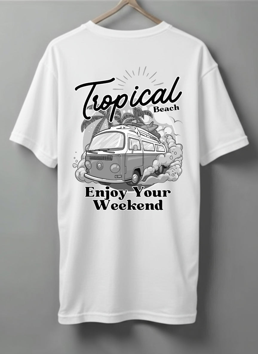 Enjoy Your Weekend Drop Shoulder T-Shirt – White, Blue, Beige & Olive Green