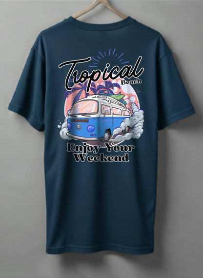 Enjoy Your Weekend Drop Shoulder T-Shirt – White, Blue, Beige & Olive Green