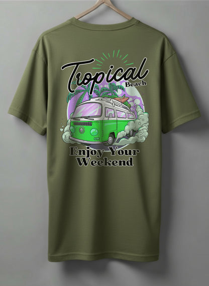 Enjoy Your Weekend Drop Shoulder T-Shirt – White, Blue, Beige & Olive Green