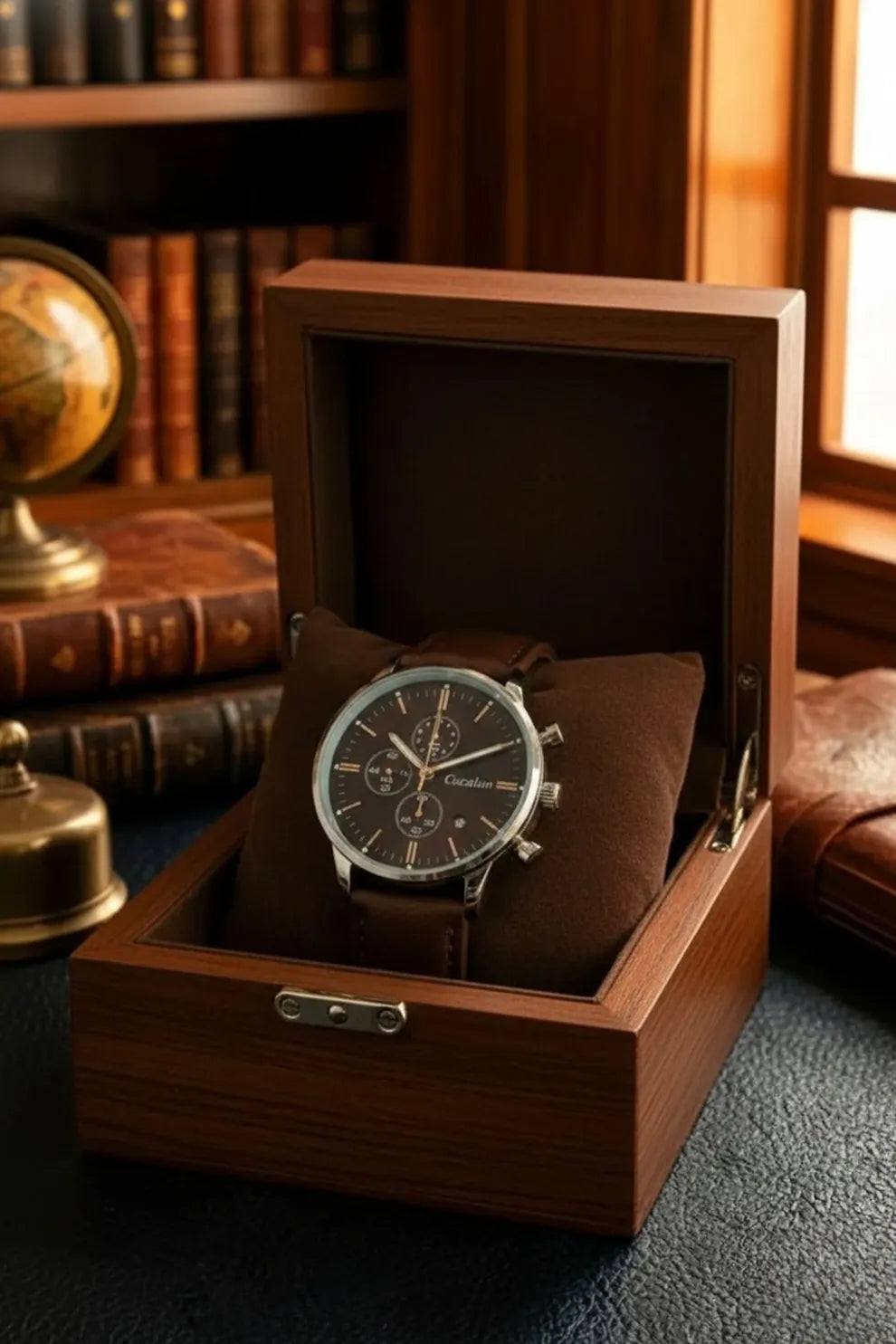 Men’s Classic Chronograph Watch with Black Dial, Silver Case & Brown Leather Strap