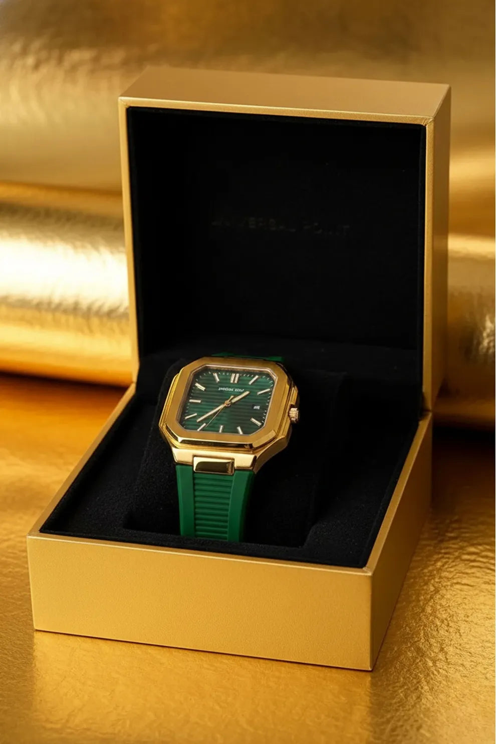 Men’s Luxury Gold-Tone Square Dial Watch with Deep Green Face & Green Rubber Strap