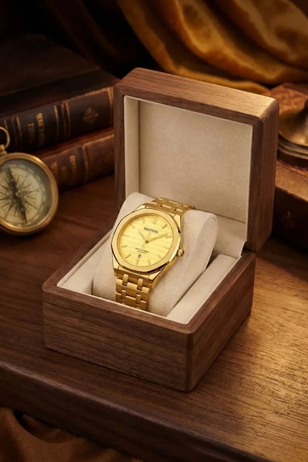 Men’s Gold Stainless Steel Analog Watch – Gold Dial Luxury Style