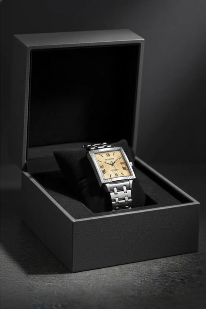 Men’s Square Dial Stainless Steel Watch – Gold Dial Classic Roman Design