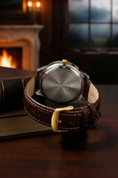 Men’s Classic Watch with Black Dial, Gold Bezel & Brown Leather Strap