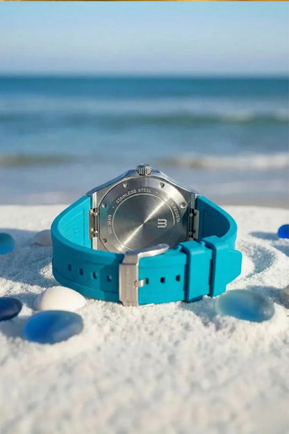 Men’s Silver Case Watch with Turquoise Dial & Blue Silicone Strap