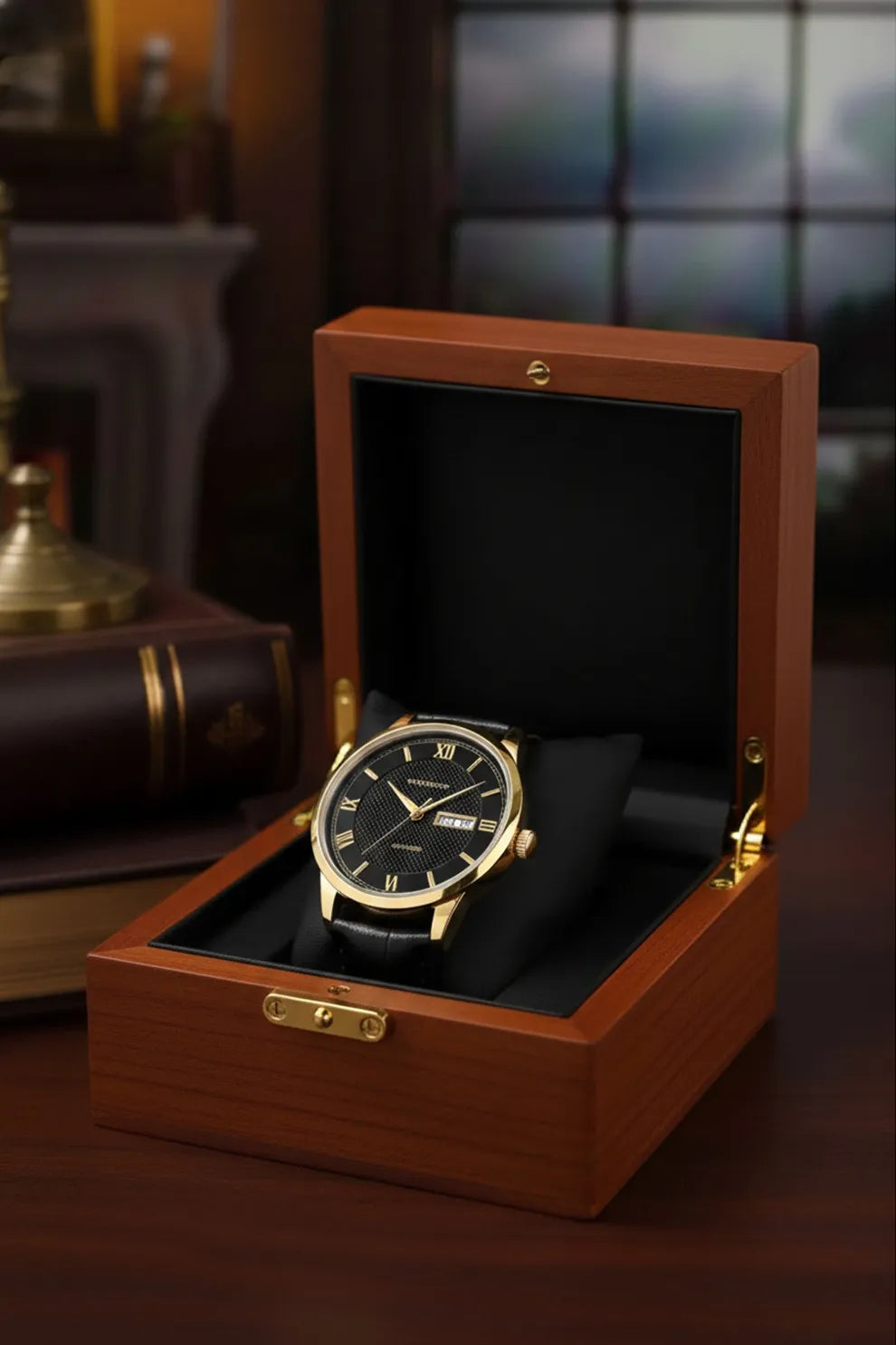 Men’s Classic Watch with Black Dial, Gold Bezel & Black Leather Strap
