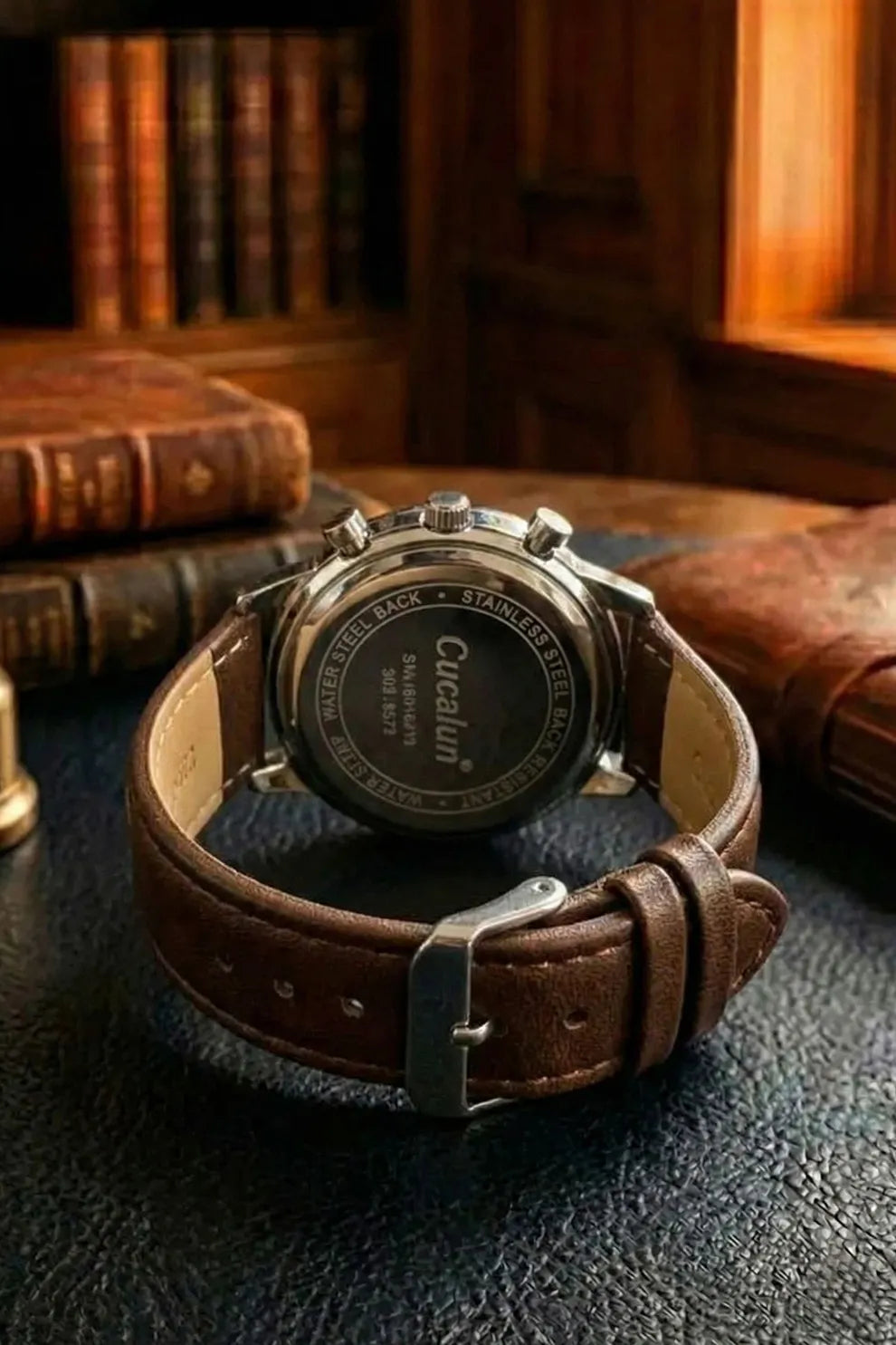 Men’s Classic Chronograph Watch with Black Dial, Silver Case & Brown Leather Strap