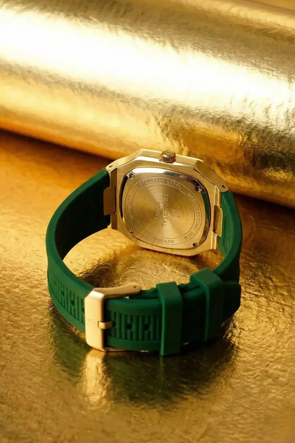 Men’s Luxury Gold-Tone Square Dial Watch with Deep Green Face & Green Rubber Strap
