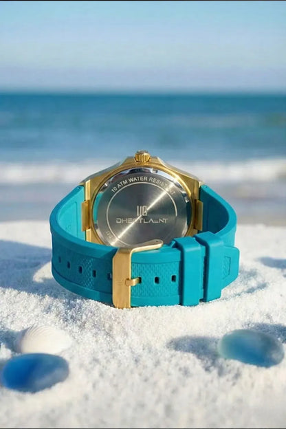 Men’s Gold Case Watch with Turquoise Dial & Blue Silicone Strap