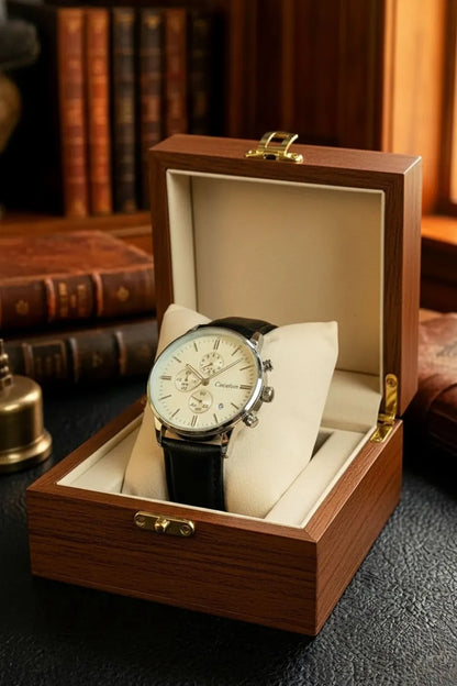 Men’s Classic Chronograph Watch with Cream Dial & Black Leather Strap