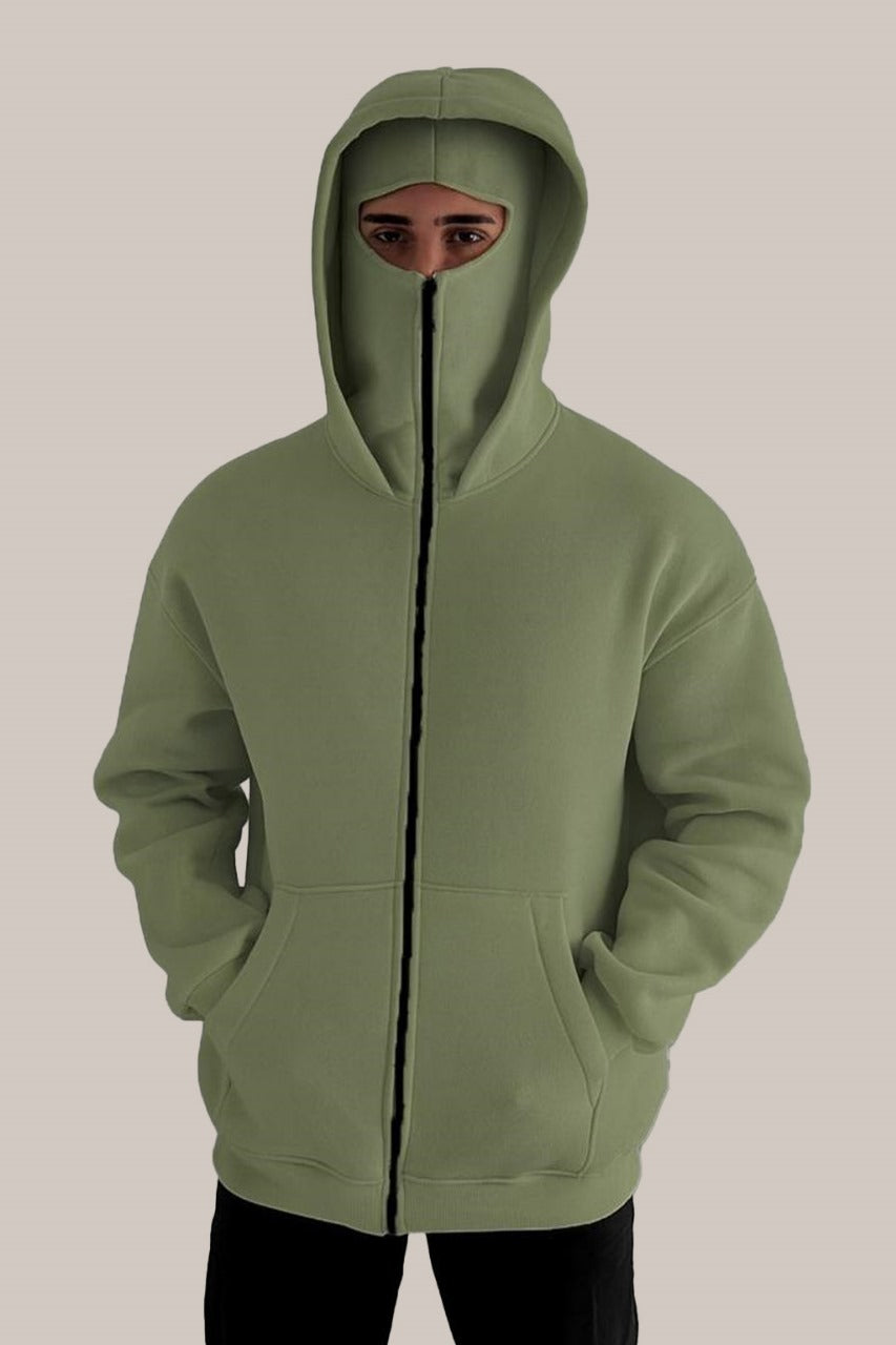 Olive Green Tech Fleece Hoodie with Built-In Mask