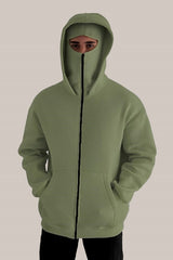 Olive Green Tech Fleece Hoodie with Built-In Mask