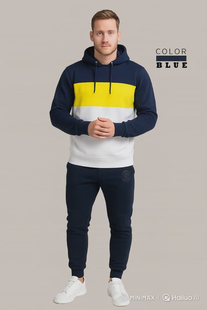 Men’s Navy Blue, Yellow & White Color Tracksuit | Casual Slim Fit Sweat Outfit