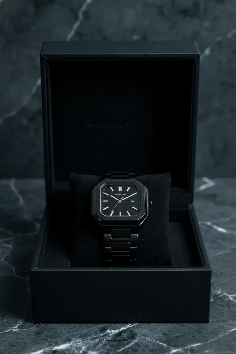 Men’s Square Dial Stainless Steel Watch with Black Dial & Black Metal Bracelet