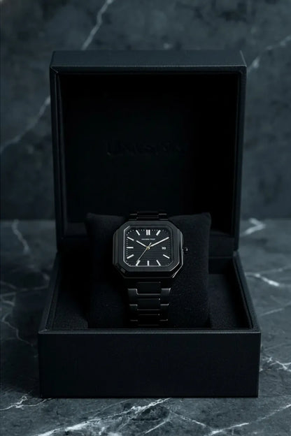 Men’s Square Dial Stainless Steel Watch with Black Dial & Black Metal Bracelet