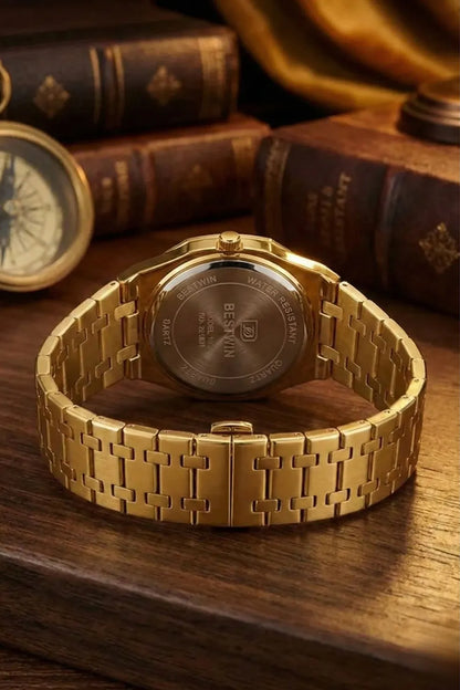 Men’s Gold Stainless Steel Analog Watch – Black Dial Classic Design