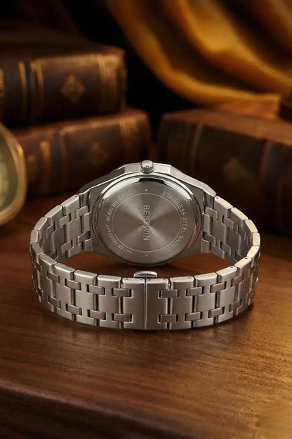 Men’s Silver Stainless Steel Analog Watch – Blue Dial Classic Design