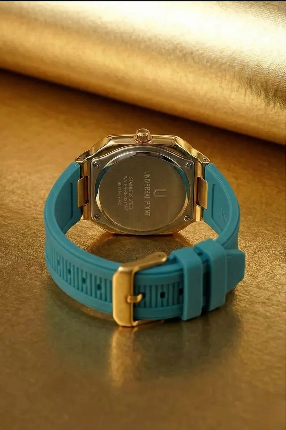 Men’s Luxury Gold-Tone Square Dial Watch with Teal Rubber Strap